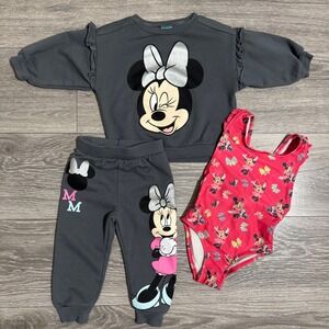 Disney Minnie Mouse 3pc Lot Gray Sweatshirt Joggers 12M & Pink Swimsuit
